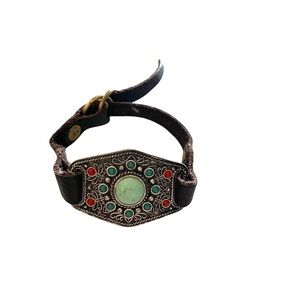 Lucky Brand Boho South western Brown leather strap silver Turqouise medallion